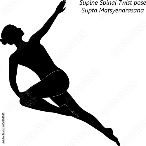 Flat black silhouette of young woman practicing yoga, doing Supine Spinal Twist pose. Supta Matsyendrasana. Supine and Twist. Beginner. Vector illustration isolated on transparent background.