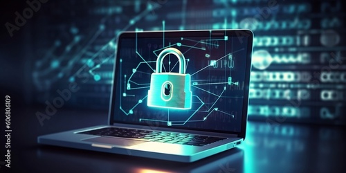 3D illustration of cyber online security with high-tech padlock protecting a laptop computer on a desk. Generative AI technology