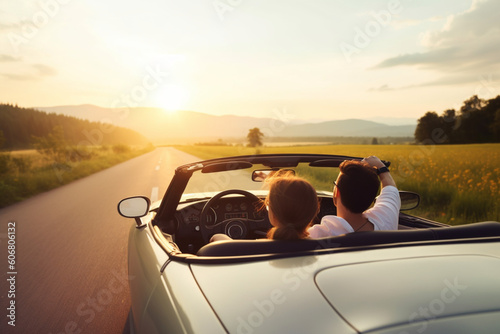 Unrecognizable couple taking a road trip driving with the top down on a convertible enjoying the freedom of the open road and embarking on adventures together,