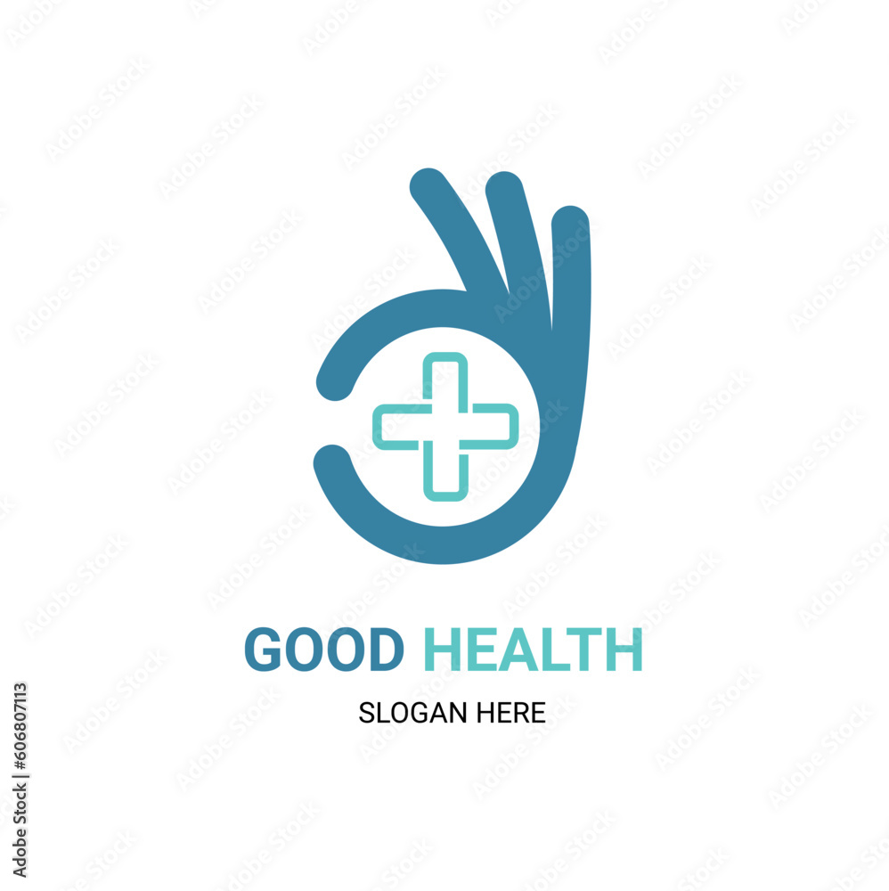 GOOD HEALTH LOGO WITH HAND AND HEALTH CROSS ICON GOOD HEALTH LOGO WITH HAND AND HEALTH CROSS ICON