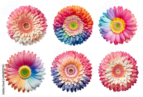 Assorted rainbow color gerbera daisy flower heads on transparent PNG background. Generative AI. 