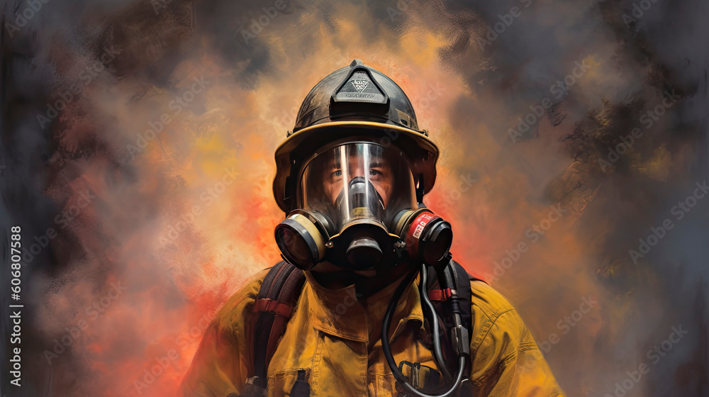 Portrait of a firefighter in a gas mask against the background of fire. Generative AI. Portrait of a firefighter in a gas mask against the background of fire. Generative AI.