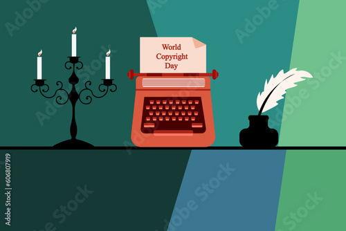 Retro Typewriter, vintage candle holder and inkwell with pen on geometrical background. World Writer's Day banner. Vintage object. Vector illustration.