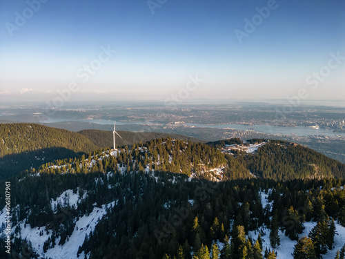 Top of Grouse Mountain and City in Background. Aerial View. Vancouver  British Columbia  Canada.