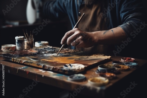 Unrecognizable man engaged in a creative hobby such as painting showcasing artistic skills and inspiration in a studio or workshop setting,