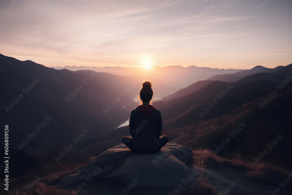 Unrecognizable woman practicing yoga on a serene mountaintop with a breathtaking sunset in the background in a peaceful and mindful moment,