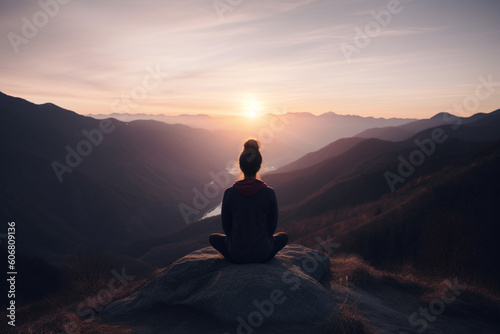 Unrecognizable woman practicing yoga on a serene mountaintop with a breathtaking sunset in the background in a peaceful and mindful moment 