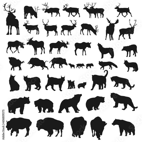 North forest animals silhouettes set. Vector illustration.