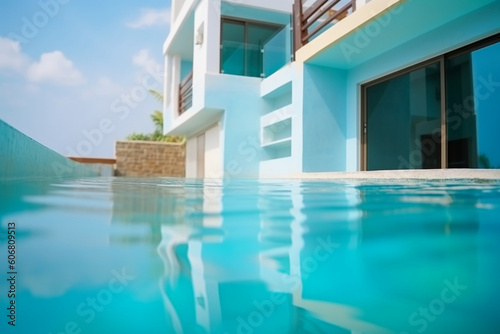 View from the pool above the water level, Clear water of pure blue color, In the background a blurry view of a two-story villa, The concept of tropical villas for relaxation © alisaaa