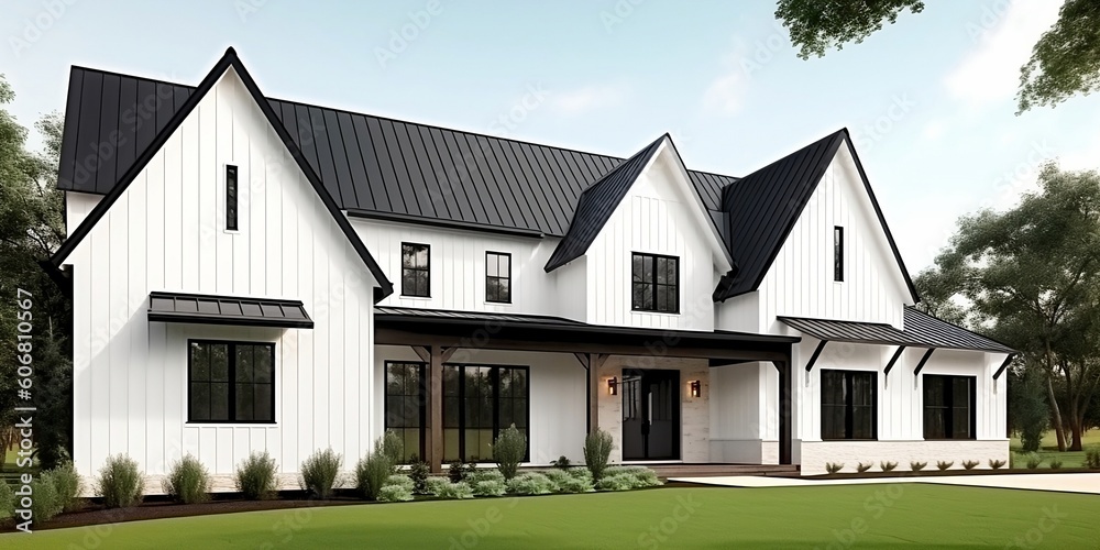 Φωτογραφία A brand new, white contemporary farmhouse with a dark shingled roof and black windows is seen in OAK PARK, IL, USA, on August 17, 2020