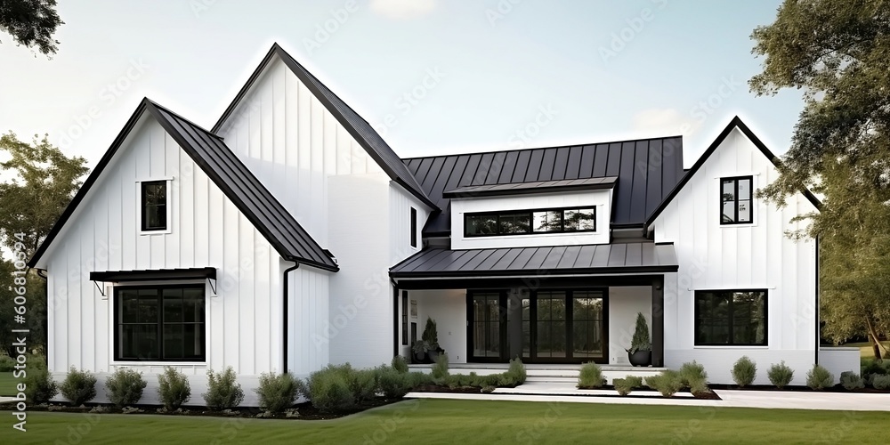 Φωτογραφία A brand new, white contemporary farmhouse with a dark shingled roof and black windows is seen in OAK PARK, IL, USA, on August 17, 2020