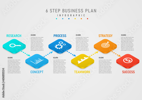 6 step business planning infographic to success Isometric multicolored squares white icon in the center direction arrow gray gradient background design for marketing, growth, product, project