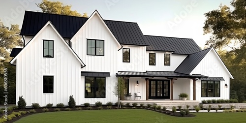 A brand new, white contemporary farmhouse with a dark shingled roof and black windows is seen in OAK PARK, IL, USA, on August 17, 2020. AI generative.