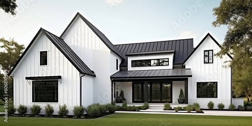 A brand new, white contemporary farmhouse with a dark shingled roof and black windows is seen in OAK PARK, IL, USA, on August 17, 2020. Generative AI