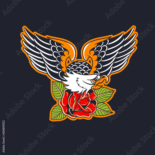 Hand drawn illustration of eagle and rose flower