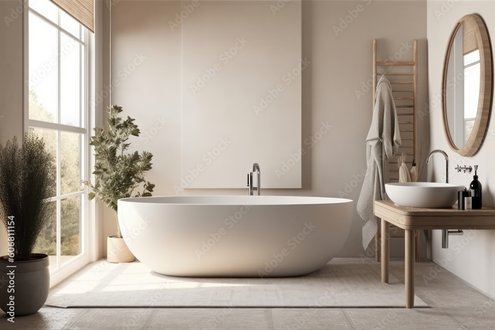 Immerse yourself in pure luxury with this stunning bathroom showcasing a sleek tub and elegant sink. AI Generative. Immerse yourself in pure luxury with this stunning bathroom showcasing a sleek tub and elegant sink. AI Generative.