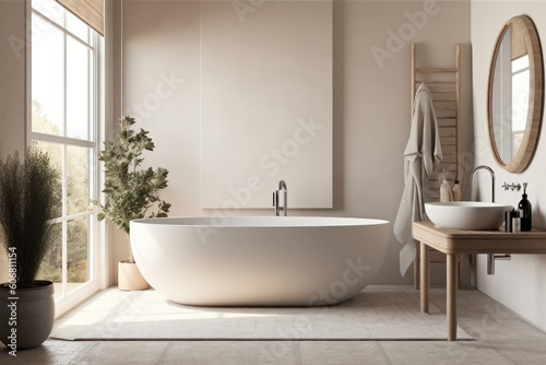 Immerse yourself in pure luxury with this stunning bathroom showcasing a sleek tub and elegant sink. AI Generative. © sorapop