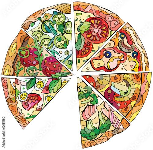 Set of slices of pizza, decorative zentangle vector illustration