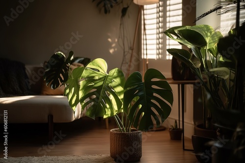 monstera plant in a well lit living room