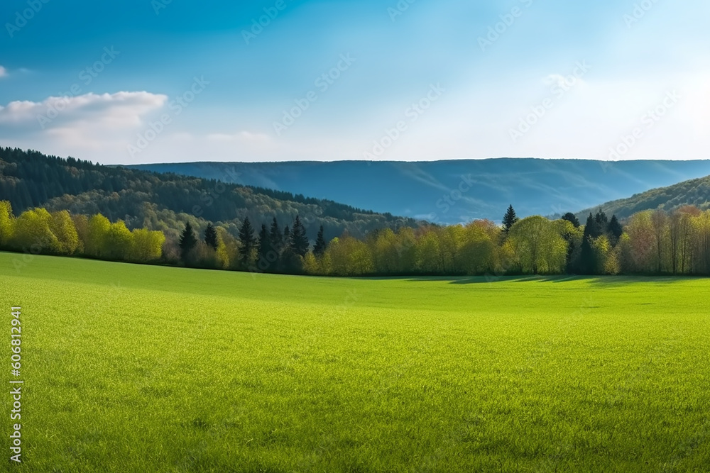 Colorful landscape with green grass, blue sky and mountains created with Generative AI technology