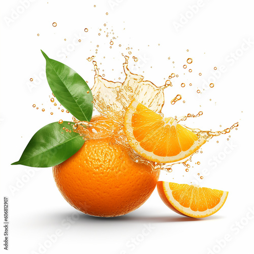 Orange and orange slices with leaves and water juice drops on white background for advertising created with Generative AI technology photo