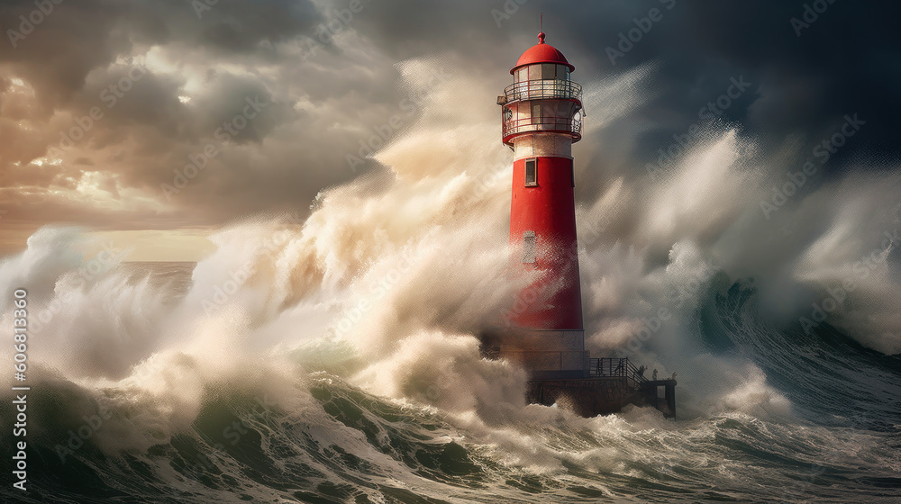 Guardian of the Storm: A Red and White Lighthouse Battling the Elements. Generative AI