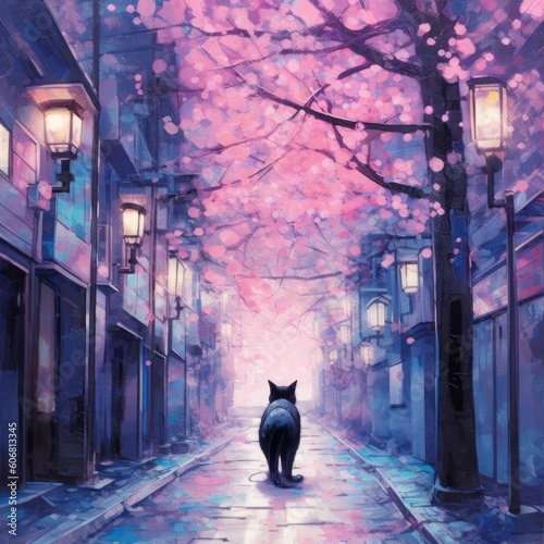 Watercolor cat in cherry blossom Generative Ai