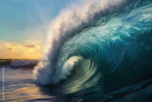 Digital painting of inside a beautiful cresting wave, inside ocean wave barrel, glassy ocean wave art © JetHuynh