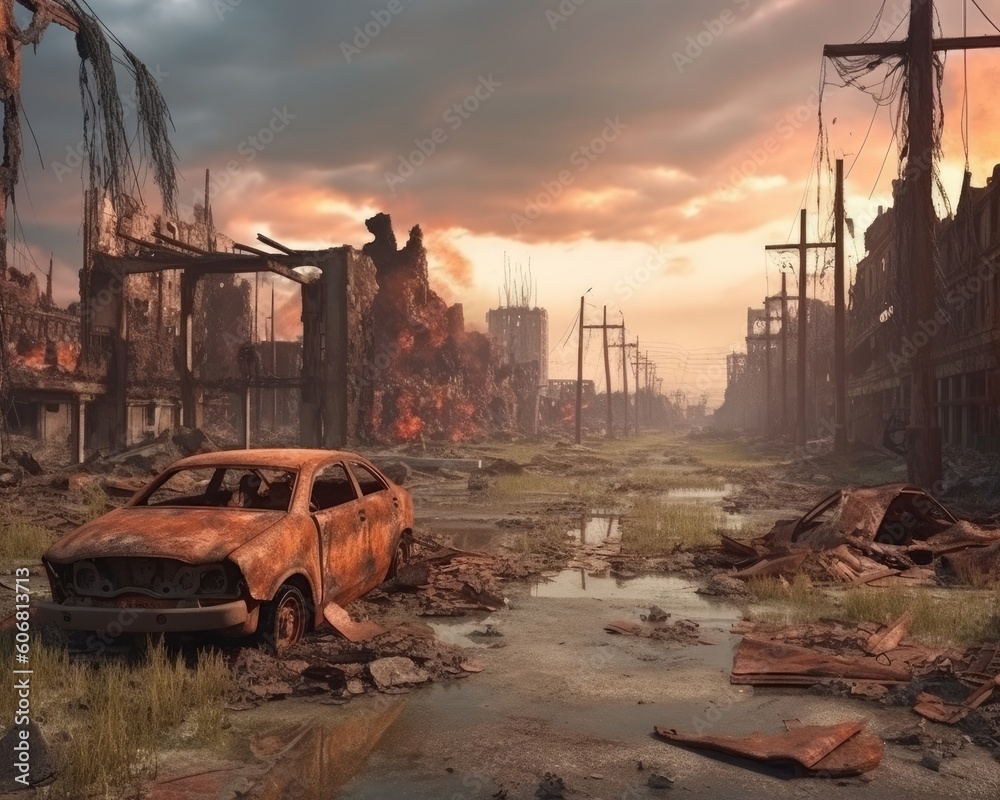 This is a 3D rendering of a post-apocalyptic ruined city. (Illustration, Generative AI) This is a 3D rendering of a post-apocalyptic ruined city. (Illustration, Generative AI)