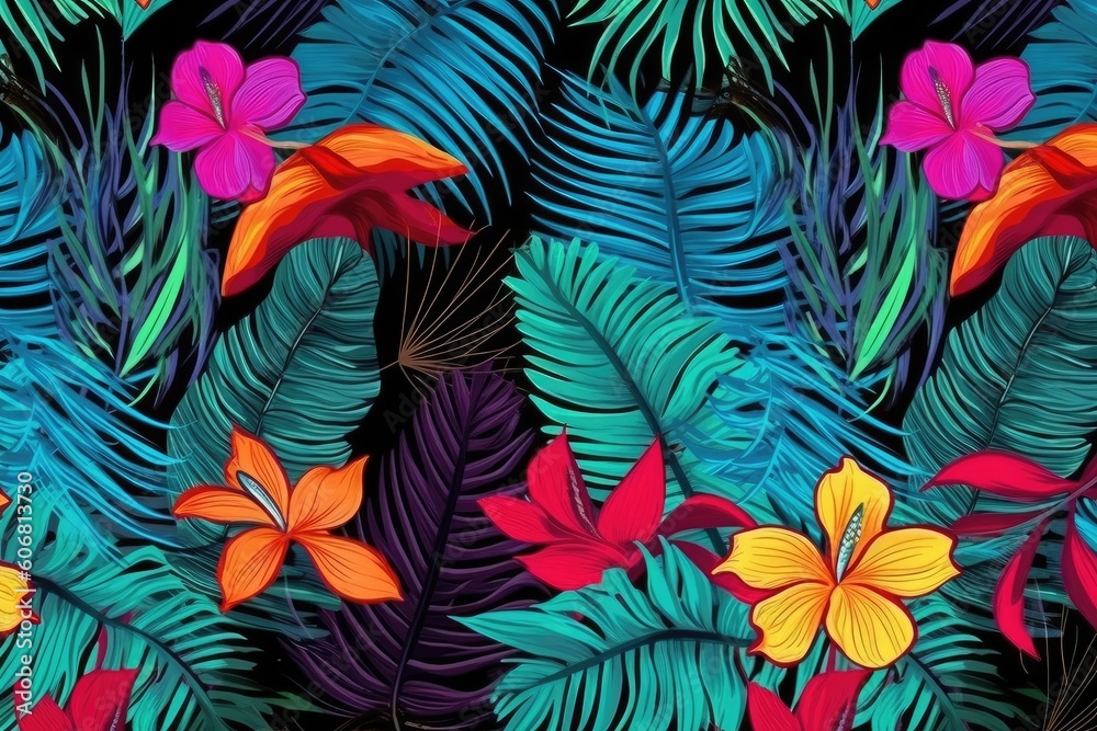 The design features modern palm leaves and flowers on black. (Illustration, Generative AI) The design features modern palm leaves and flowers on black. (Illustration, Generative AI)