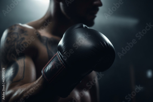 Unrecognizable man practicing boxing or kickboxing throwing punches and displaying power and athleticism in a training session,