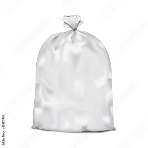 White blank tied plastic bag realistic vector mockup. Packaging pouch, package. Trash liner mock-up