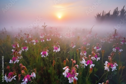 meadow of pink wildflowers in morning fog