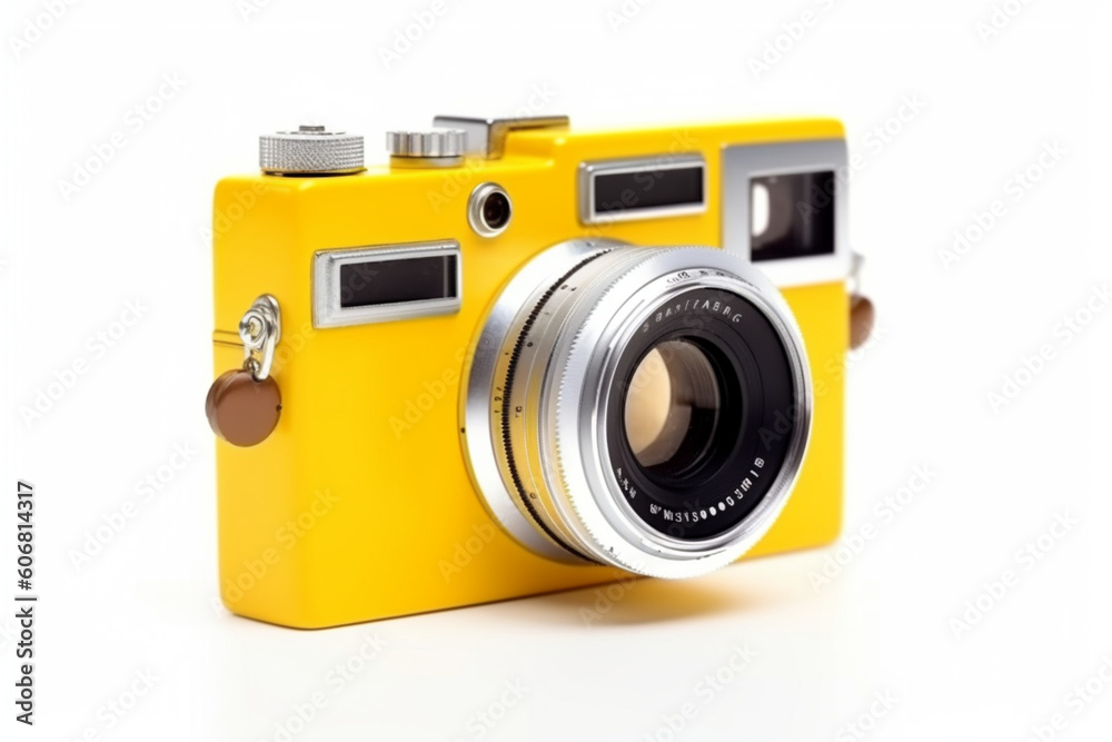 Yellow retro camera on white background