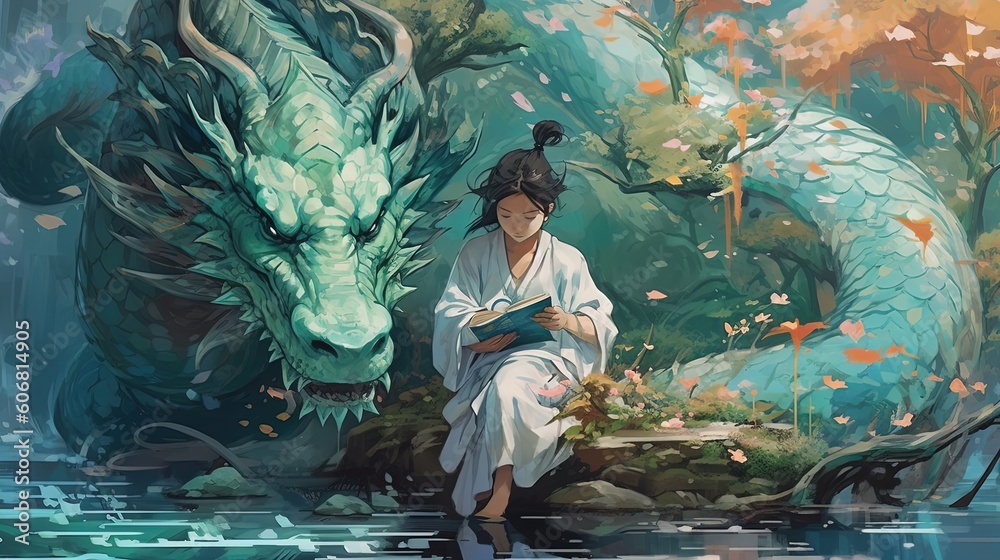 Fototapeta premium painting illustration style, an Japanese girl sitting with dragon in forest, fairytale artwork, Generative Ai