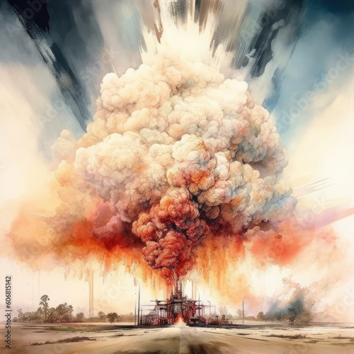 Watercolor large white mushroom cloud and fire in clouds Generative Ai