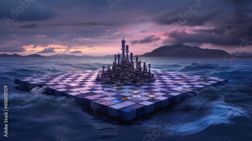 Foto a chessboard with chess board sitting over sea of the ocean Generative Ai