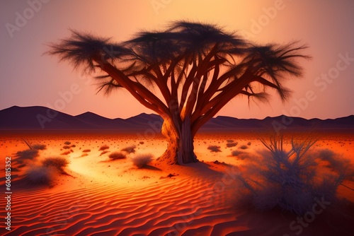 Desert Acacia tree and strip at night with stars in national park area - generative ai 