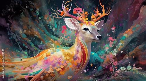 illustration ambient fantasy, a stag with flower blossom antler in enchanted forest, Generative Ai photo