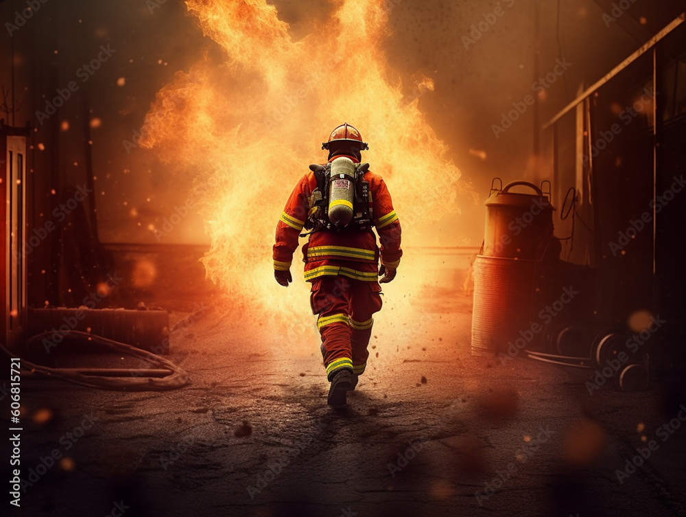 A firefighter complete with firefighting suit and gear is bravely running. In the background, the fire is raging and rising. A firefighter complete with firefighting suit and gear is bravely running. In the background, the fire is raging and rising.