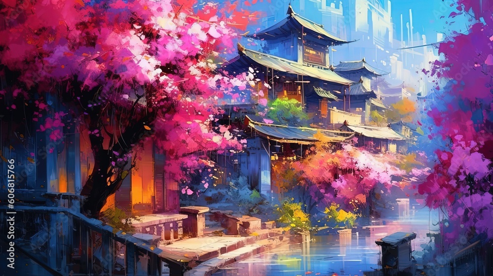 Obraz premium illustration of ancient Chinese old town at riverside, idea for home wall decor, Generative Ai