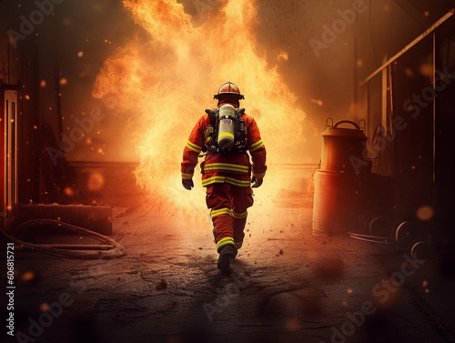 A firefighter complete with firefighting suit and gear is bravely running. In the background  the fire is raging and rising.