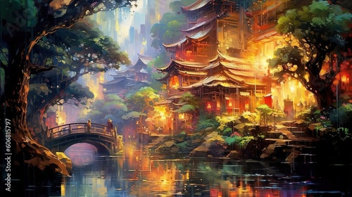 illustration of ancient Chinese old town at riverside, idea for home wall decor, Generative Ai