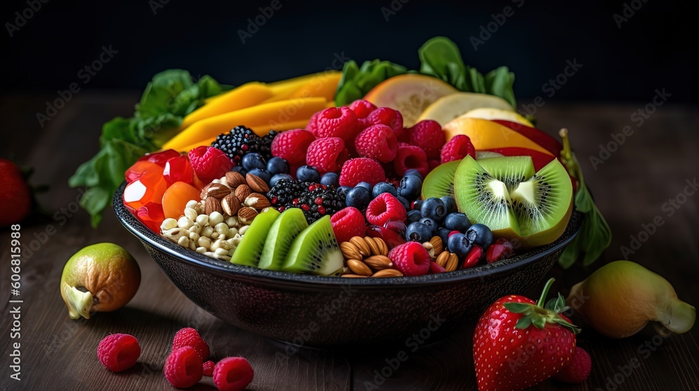 close up mix fresh berries and fruits salad, Generative Ai