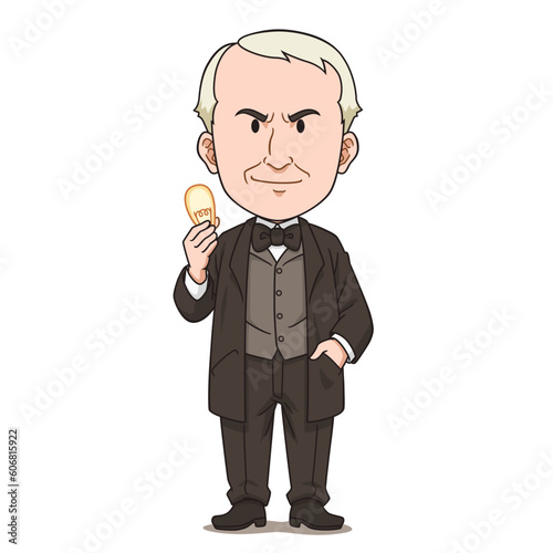 Cartoon character of Thomas Edison holding a light bulb