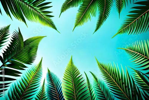 Top view green fern leaves frame on a pastel blue background with copy space  flat lay