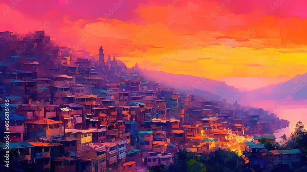 illustration of big middle east old town city in evening light, idea for home wall decor picture,  Generative Ai