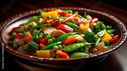 close up vegan food, fresh fried mix vegetable, Generative Ai