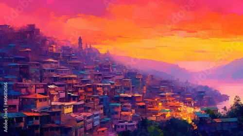 illustration of big middle east old town city in evening light, idea for home wall decor picture, Generative Ai