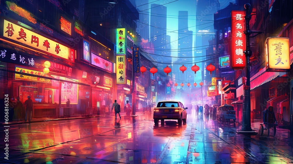illustration of Chinatown in night time, idea for beautiful home wall decor, Generative Ai illustration of Chinatown in night time, idea for beautiful home wall decor, Generative Ai